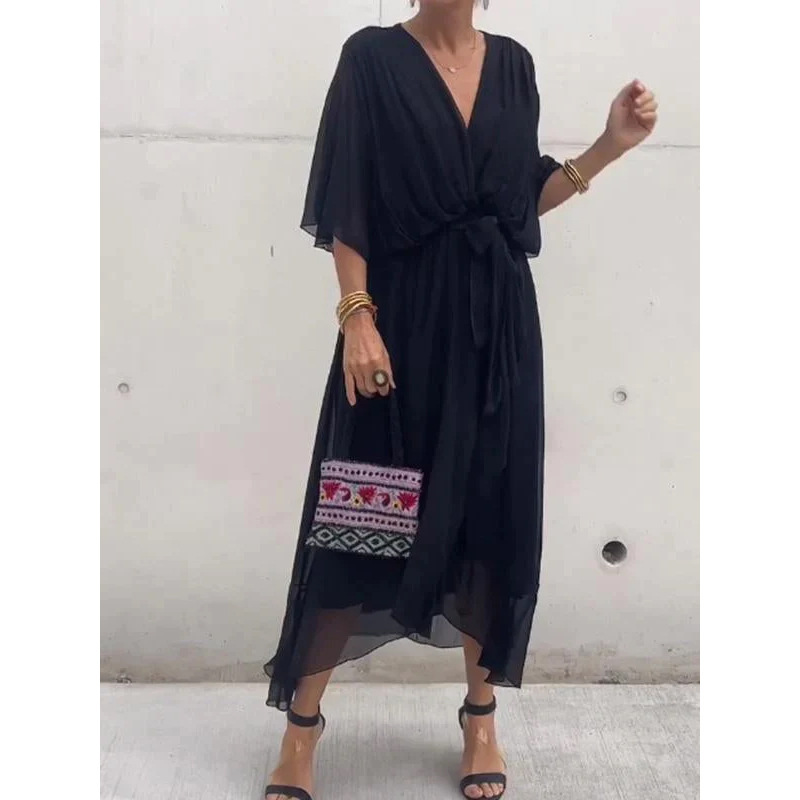 Batwing Sleeve V-neck Dress Summer Pure Color - Image 5