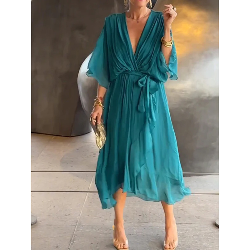 Batwing Sleeve V-neck Dress Summer Pure Color - Image 3