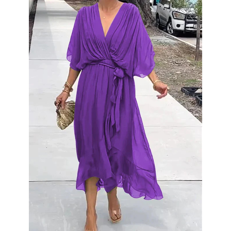 Batwing Sleeve V-neck Dress Summer Pure Color - Image 4