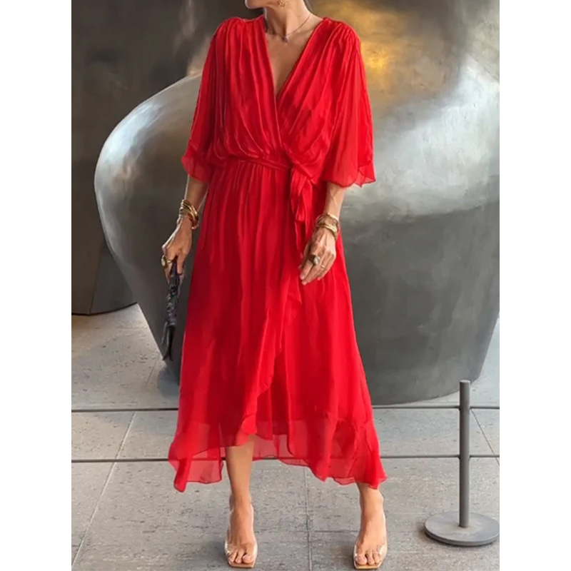 Batwing Sleeve V-neck Dress Summer Pure Color - Image 9