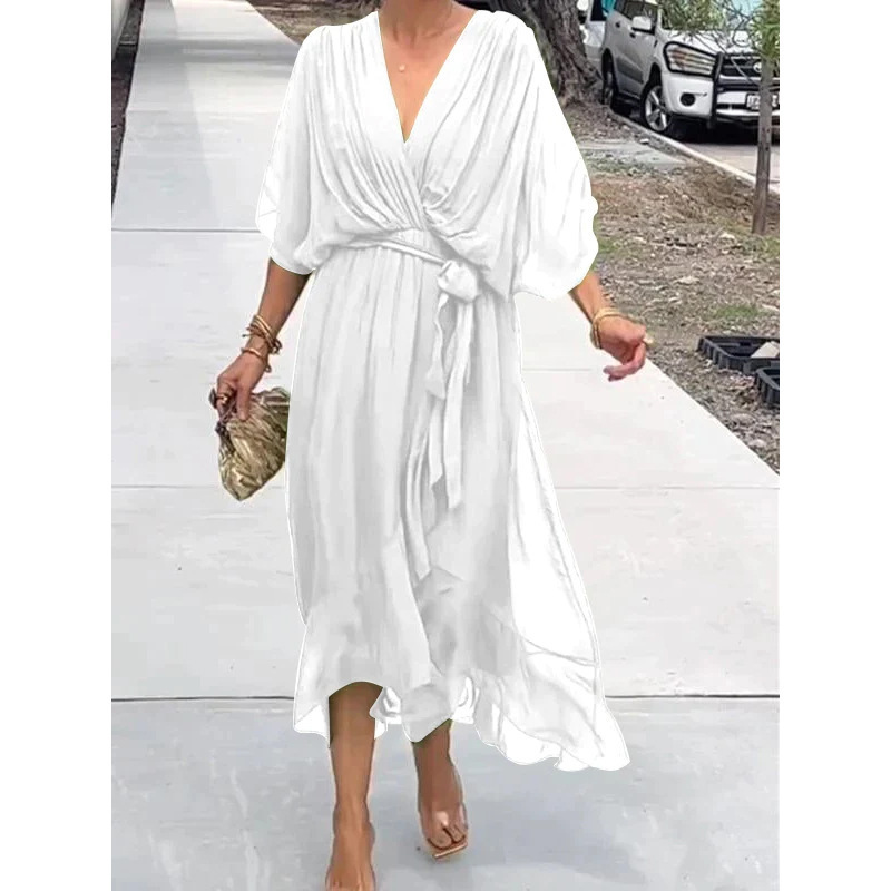 Batwing Sleeve V-neck Dress Summer Pure Color - Image 2