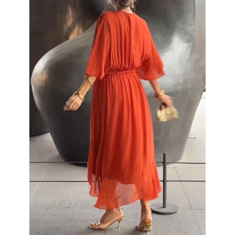 Batwing Sleeve V-neck Dress Summer Pure Color - Image 7