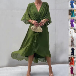 Batwing Sleeve V-neck Dress Summer Pure Color