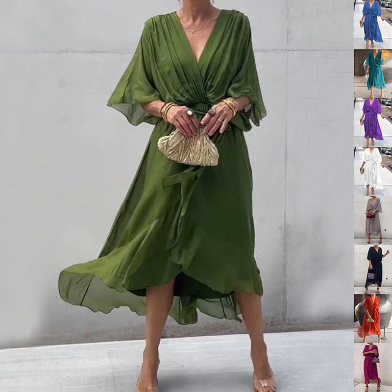 Batwing Sleeve V-neck Dress Summer Pure Color